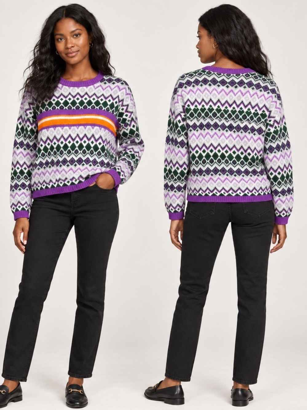 TWIK Par Simons Fair Isle Geometric Knit Sweater Purple Green Orange P/S